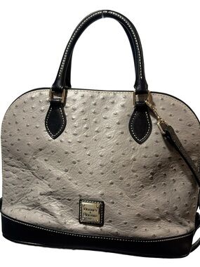 Dooney & Bourke Gray and Black Ostrich-Embossed Zip Satchel Bag